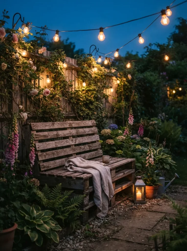 A Garden Bench Under Warm String Lights