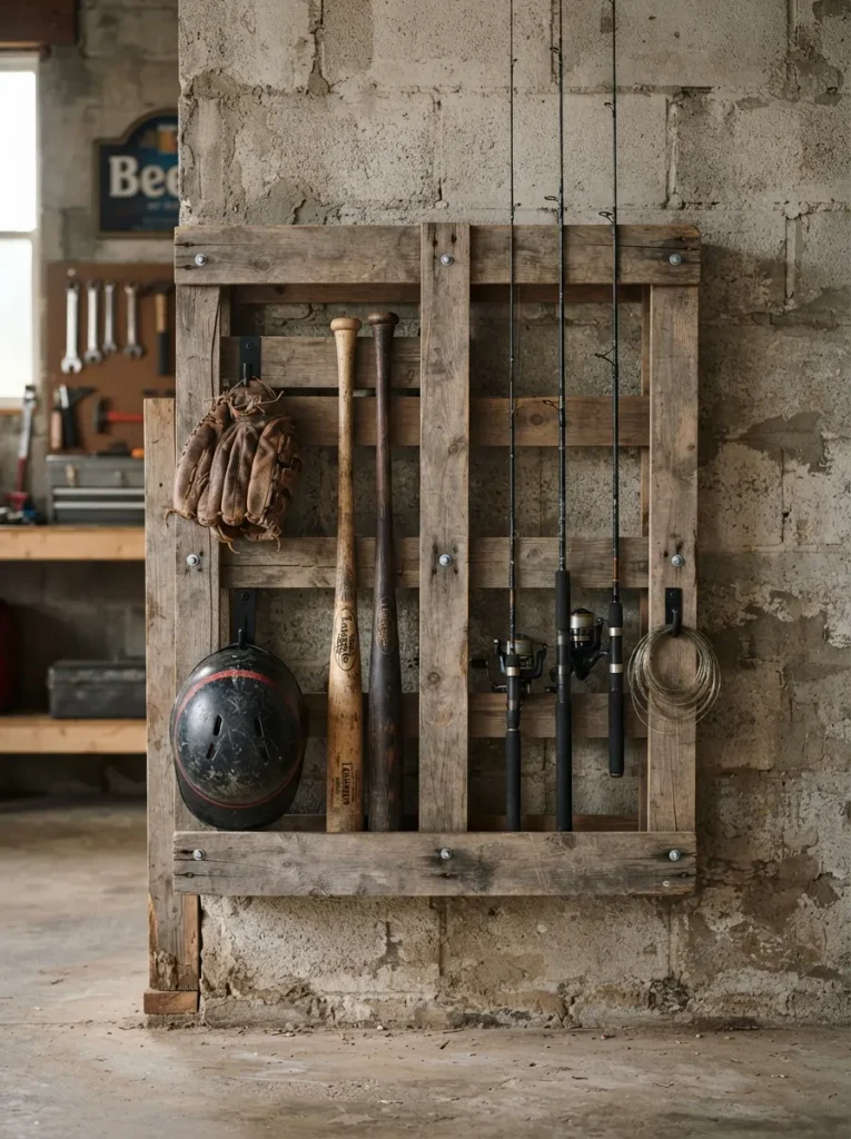 A Vertical Pallet Gear Rack for Bats, Rods, and Helmets