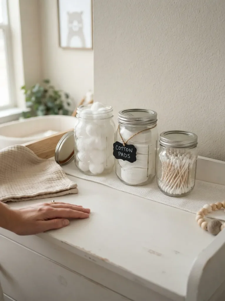 Cotton-Ball and Swab Jars Within One-Hand Reach of the Changing Table