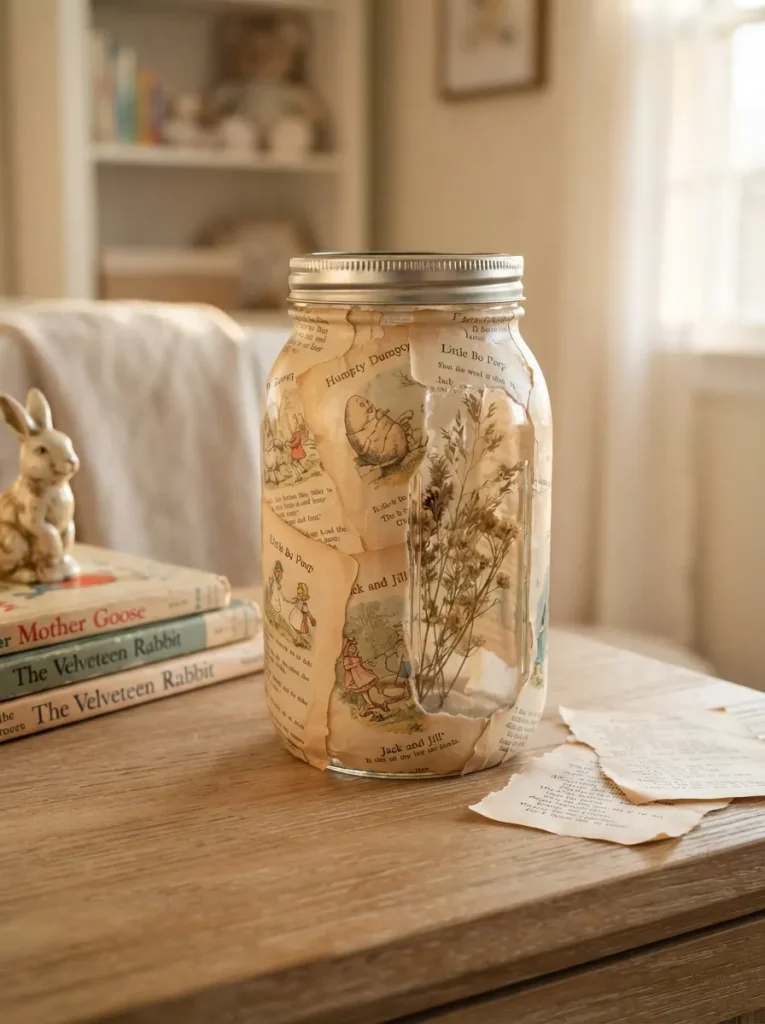 Nursery-Rhyme Page Decoupage on a Keepsake Jar