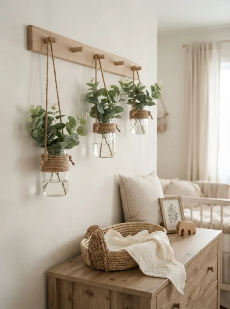 Rope-Hung Jars With Faux Greenery on a Wooden Peg Rail